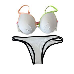 Victorias Secret Swimsuit Bikini Sz L‎ 36DD Padded Underwire White Pink Orange